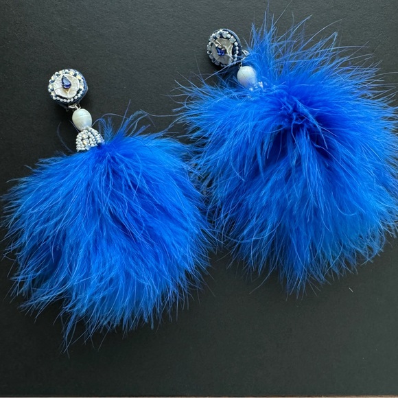 Ranjana Khan cobalt pom marabou feather earrings - Picture 5 of 12